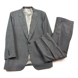 vtg 90s Andre Villard 44S 38x27 2pc Pant Suit Wool Gray‎ Glen Plaid Pleated